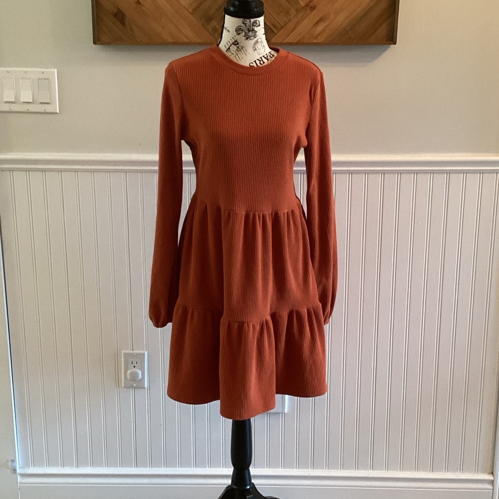 SHEIN Terracotta Long Sleeve Tiered Dress